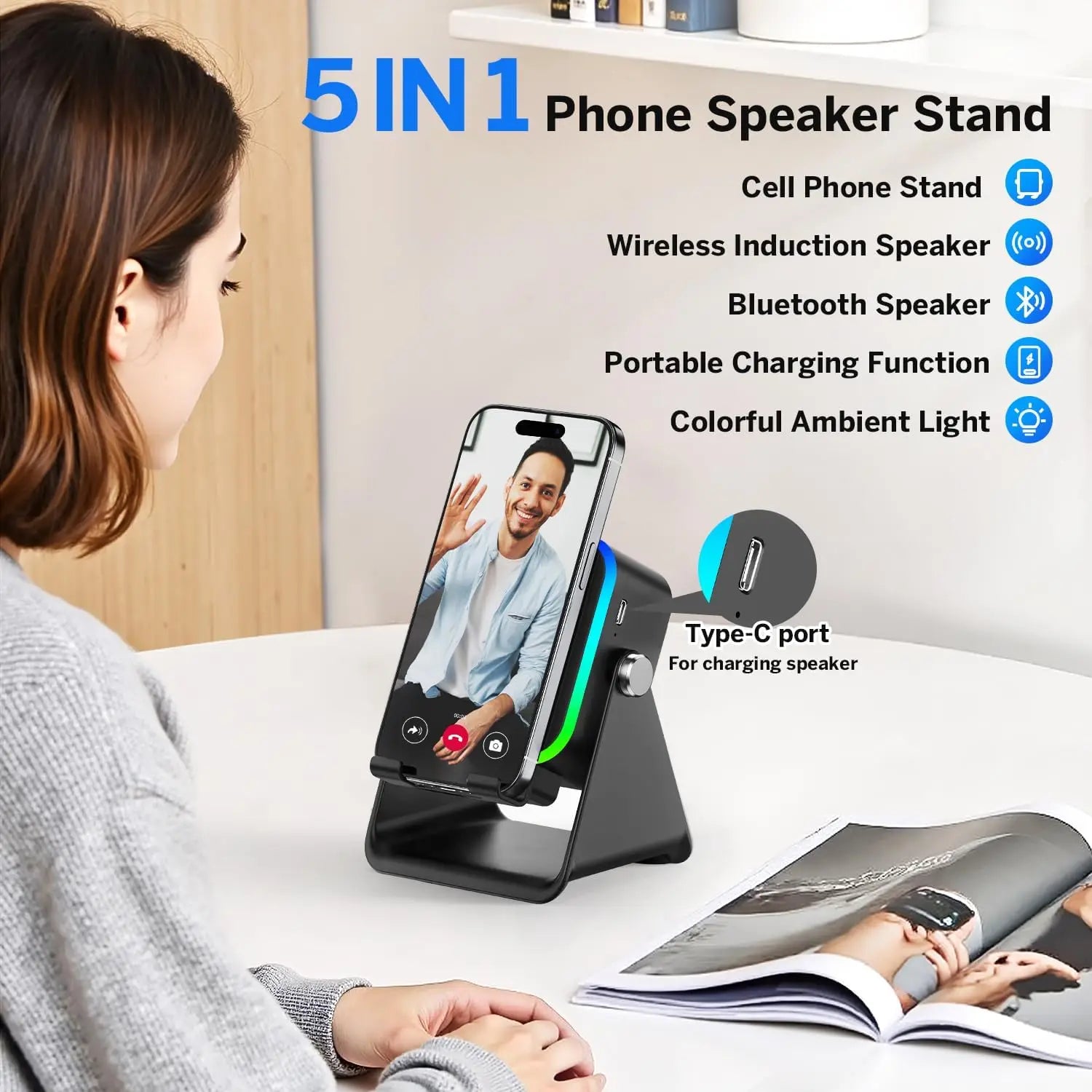Ultimate 5-in-1 Wireless Induction Bluetooth Speaker with Phone Stand, Fast Charging, RGB Ambient Light & HD Stereo Sound