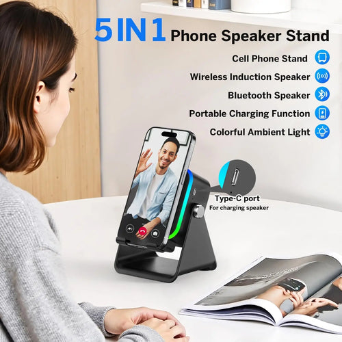 Ultimate 5-in-1 Wireless Induction Bluetooth Speaker with Phone Stand, Fast Charging, RGB Ambient Light & HD Stereo Sound