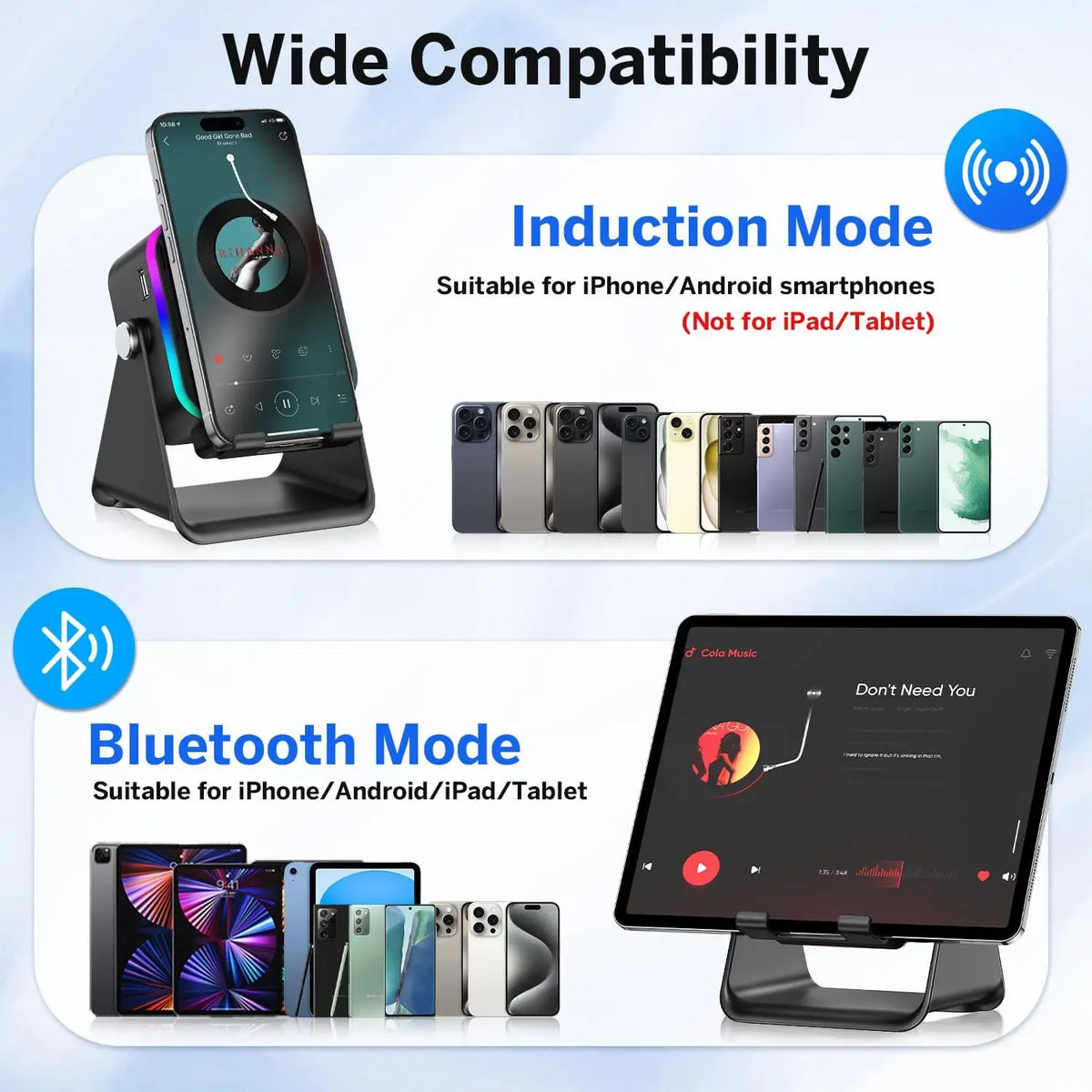 Ultimate 5-in-1 Wireless Induction Bluetooth Speaker with Phone Stand, Fast Charging, RGB Ambient Light & HD Stereo Sound