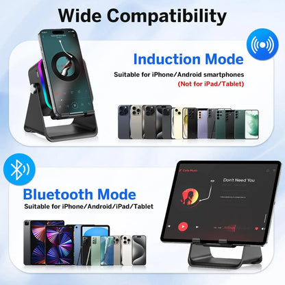 Ultimate 5-in-1 Wireless Induction Bluetooth Speaker with Phone Stand, Fast Charging, RGB Ambient Light & HD Stereo Sound
