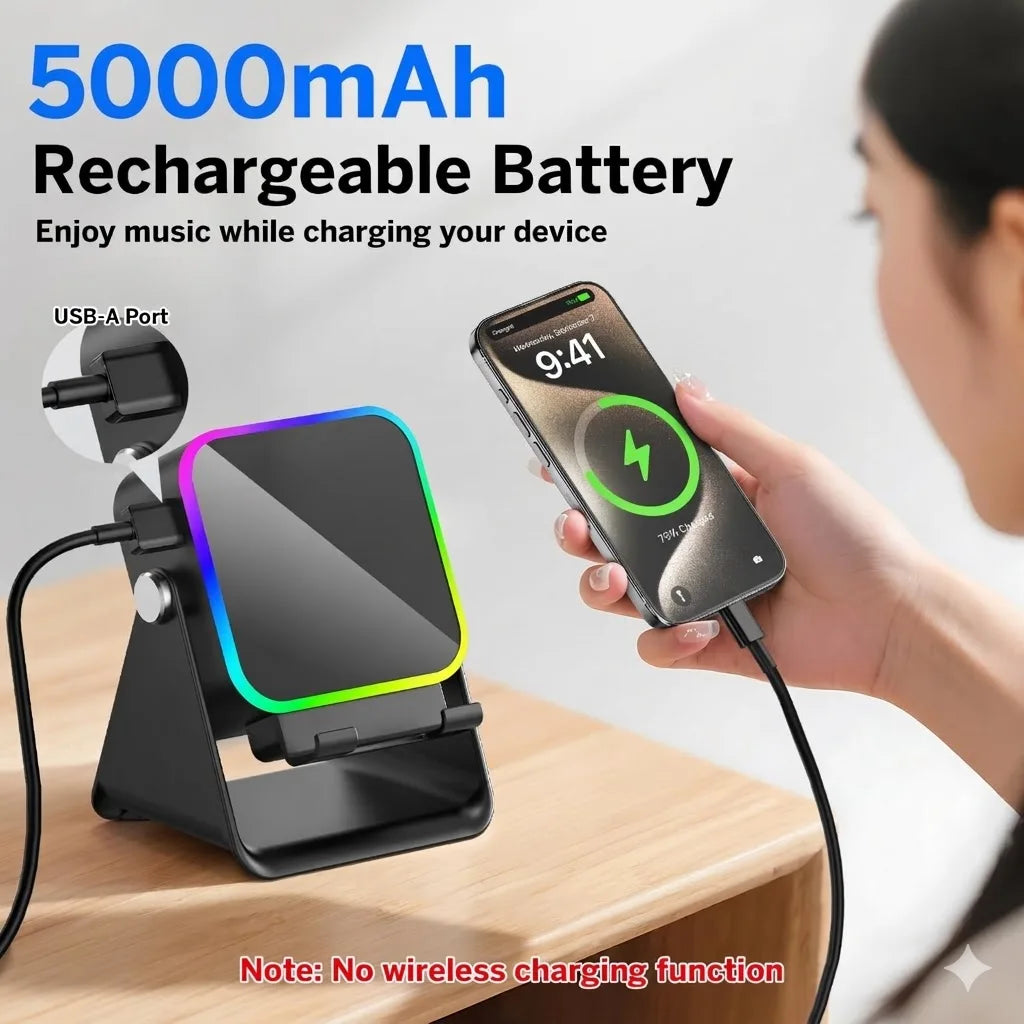 Ultimate 5-in-1 Wireless Induction Bluetooth Speaker with Phone Stand, Fast Charging, RGB Ambient Light & HD Stereo Sound